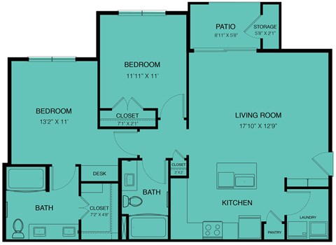 Floor plan for 2 beds, 2 baths, 1075 sqft